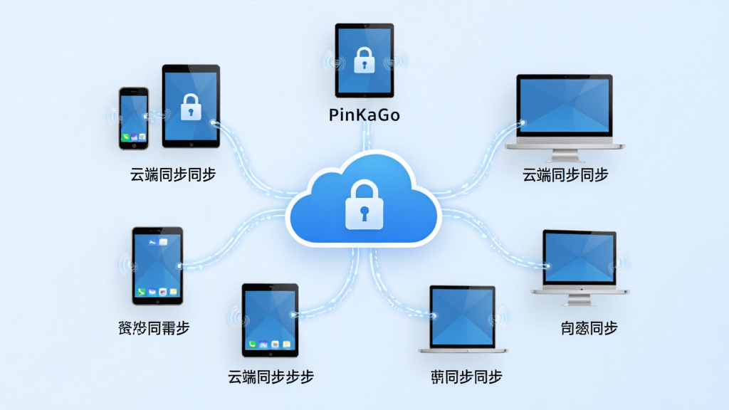 主体:PinKaGo云端同步示意图,多个设备(手机、平板、电脑)围绕云朵图标。布局:云朵位于中央,设备图标通过线条与云朵相连。排版:设备图标下方标注设备名称。风格:简洁商务风格,浅蓝色背景。细节:云端有锁形图标表示加密,设备间有光线流动表示同步。画质:高分辨率,画面干净,无多余元素