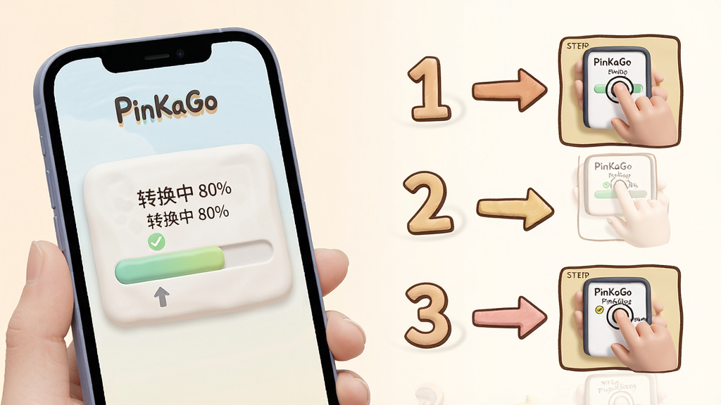主体:PinKaGo使用教程场景,一部手机显示文件转换进度条,旁边有操作步骤漫画示意图。布局:左侧为手机特写,右侧为步骤分解图。排版:步骤图以1、2、3编号,配有箭头指示。风格:手绘风结合3D渲染,色彩温和。细节:进度条显示“转换中 80%”,步骤图清晰展示点击位置。画质:高清晰度,画面干净,无多余文字