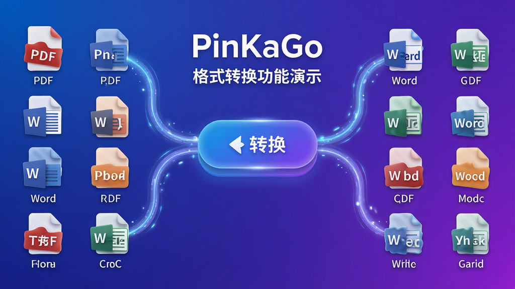 主体:PinKaGo格式转换功能演示,多种文件格式图标环绕。布局:中心为转换按钮,左右两侧分别排列源文件与目标格式图标。排版:对称分布,格式图标下方标注“PDF”“Word”等字样。风格:科技感插画风,蓝紫渐变背景。细节:转换过程以动态光效连接两端,文件图标带有拟物质感。画质:精细绘制,干净清晰,无多余元素