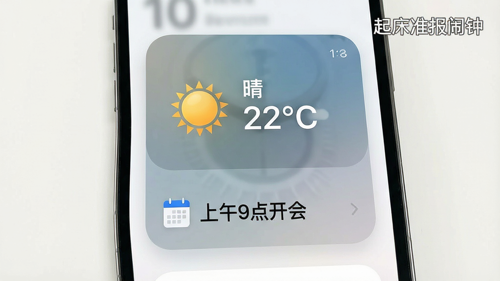 ���壺�ֻ���Ļչʾ������������Ϣ��Ƭ����������ͼ�ꡰ�硱���¶ȡ�22�桱���ճ̡�����9�㿪�ᡱ�����Ͻ��С���׼�����ӡ�ˮӡ�����֣���Ϣ��Ƭ��ֱ���С��Ű棺��ͼ������֡���������Լ��ǳɫ������ϸ�ڣ���ƬԲ����ơ����ʣ��������ȣ��ɾ���