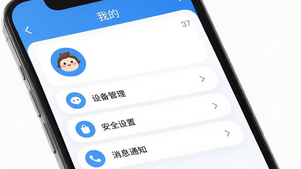 一张手机截图,显示“好哆米”APP的“我的”页面,包含头像、设备管理、安全设置、消息通知等选项,界面采用蓝白配色,图标圆润,整体干净整洁,高清画质,无多余元素
