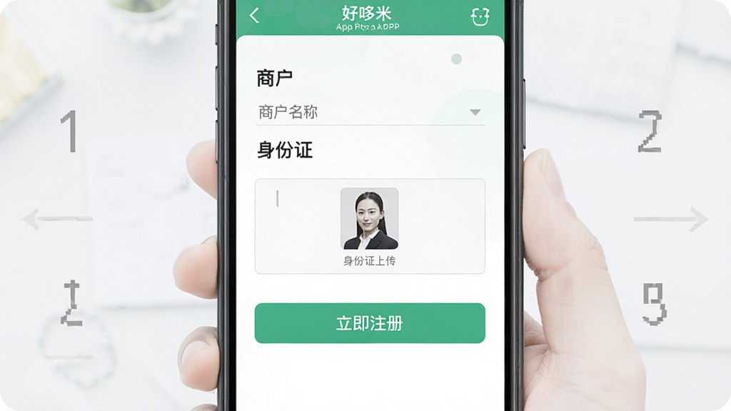 一张手机操作界面截图,显示“好哆米”APP的注册页面,包含商户名称、身份证上传框和“立即注册”按钮,界面简洁明亮,步骤指示清晰,画质干净,无多余元素