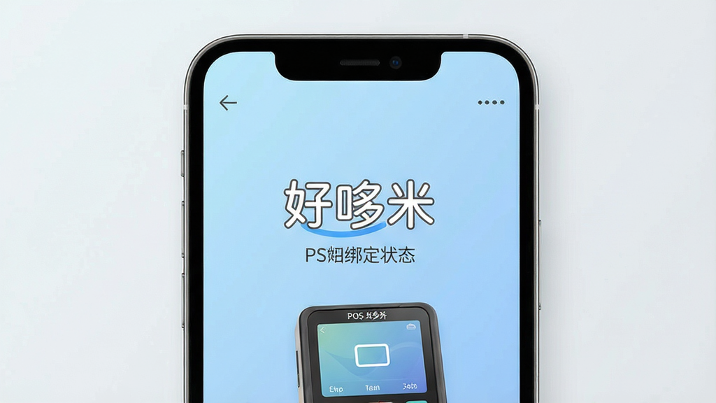 一张现代简约风格的手机应用界面预览图,屏幕中央显示“好哆米”品牌名称与POS机绑定成功状态,背景为浅蓝色渐变,整体布局干净清晰,画面质感细腻,高清渲染,干净无多余元素