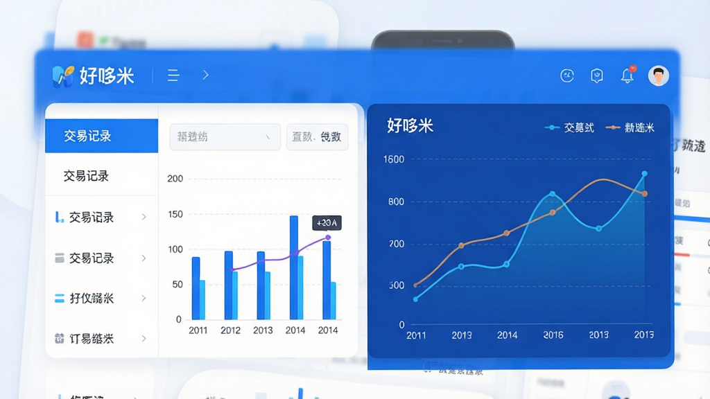 一张数据可视化界面设计图,展示“好哆米”APP的交易记录列表与统计图表,包含柱状图和折线图,色彩以蓝色和白色为主,排版整洁专业,画质高清,干净无多余元素