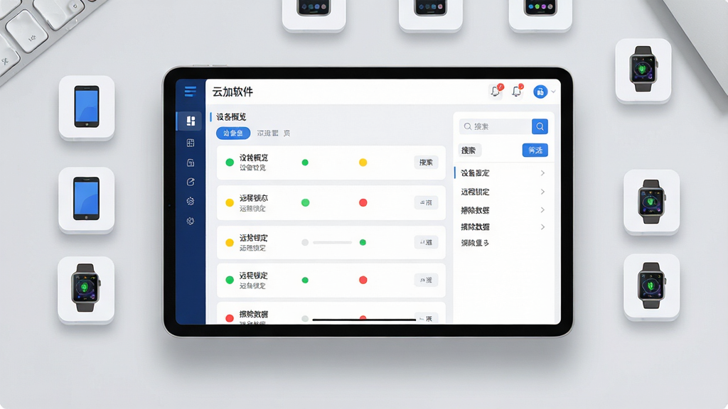 ���壺�Ƽ��������豸�������棬����������һ��������ƽ����Ļ����Ļ����ʾ�豸�б���״ָ̬ʾ�ƺ͸������ò˵������֣�ƽ����Ϊ����Ԫ�أ���Χ��Сͼ����ʽ����չʾ�ֻ����ֱ��ȸ����նˣ�����Ϊǳ��ɫ����̨�棬���������Ӱ��ǿ��Σ��Ű棺����Ԫ�ز��ÿ�Ƭʽ���֣����ֱ�ǩ�������豸��������Զ�����������������ݡ�������ֱ�ۣ������ҵ��SaaS��Ʒ���������ɫ��������ɾ�����Ϣ�㼶������ϸ�ڣ���Ļ���豸״̬���̡��ơ�����ɫԲ���ʾ���Ҳ�����������ɸѡ��ť��������ָ�Ч������Χ�����ʣ��߷ֱ���UI��Ƹ��ʸУ��ɾ��޶���Ԫ��