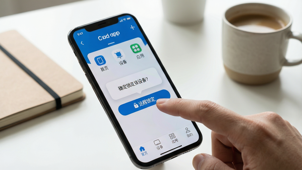 ���壺�ֻ���Ļ��ʾ�Ƽ�app�Ĳ������棬��ָ���ڵ����Զ����������ť�����֣��ֻ���бԼ15�ȣ���Ļ���泯��ۿ��ߣ�����Ϊ�������棬�бʼǱ��Ϳ��ȱ����Ű棺��Ļ�ڹ���ͼ�������ɼ����ײ���������������ҳ�����豸����Ӧ�á����ҵġ��������ʵ��Ӱ������ڹ�����ͣ�ǳɫ����ϸ�ڣ���Ļ�ϵ���ȷ�϶Ի�������Ϊ��ȷ���������豸��������ָ��Ȼ��������ʣ�������Ӱ��ϸ�ڷḻ���ɾ��޶���Ԫ��