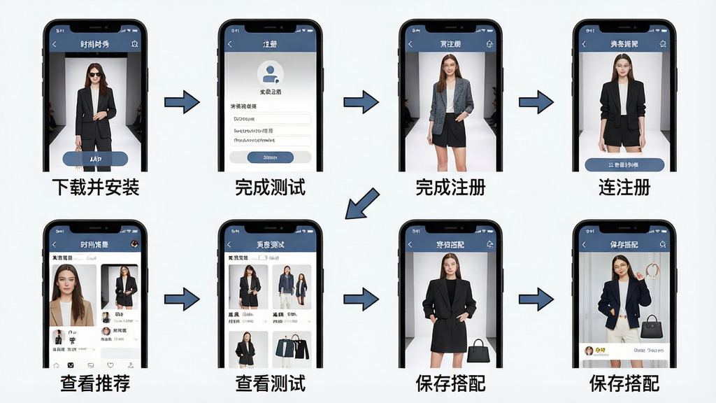 һ�ŷֲ���ѧͼ��ƴͼ������չʾ������ʱ����APP�����ء�ע�ᡢ���з����Ե����ɴ����Ƽ����ĸ��ֻ������ͼ������Ϊ2x2������״��ÿ�Ž�ͼ�·��м�̵Ĳ���˵�����֣��硰���ز���װ��������ɲ��ԡ������鿴�Ƽ�������������䡱���Ű�����������ָʾ��ͷ���Ӹ����衣���Ϊ�̷̳��廭�������ͼ������������ࡣ���ʸɾ����޶���Ԫ�أ����ֱ�ǩ�������ɼ���