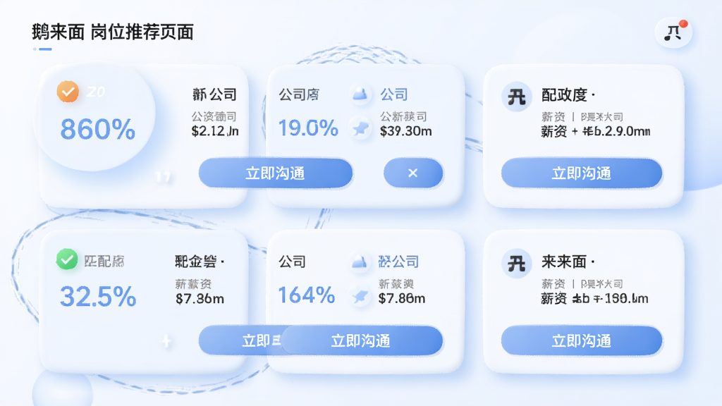 �������λ�Ƽ�ҳ�棬չʾ���ְλ��Ƭ��ÿ�ſ�Ƭ���Ͻ���ʾƥ��Ȱٷֱȣ��Ҳ�Ϊ��˾��н����Ϣ���ײ��С�������ͨ����ť���������������ɫ����ƬԲ�����壬���ʸɾ�