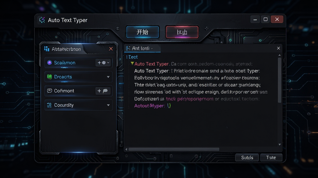 Auto Text Typer������Ԥ��ͼ����ɫ�Ƽ��з�����������ھ��У����Ϊ���������壬�Ҳ�Ϊ�ı��༭�����Ϸ��п�ʼ��ֹͣ��ť�����岼��������ϸ���ʸзḻ�����ʸɾ���