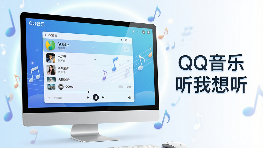主体:QQ音乐播放器界面展示在电脑屏幕中央,屏幕中显示歌曲列表和播放控制条,界面风格为时尚的蓝白渐变色调,背景是柔和的光晕和音符漂浮。布局:电脑屏幕位于画面中心偏左,右侧留白区域用艺术字体写着“QQ音乐 听我想听”,整体构图平衡,视觉焦点集中在屏幕内容上。排版:屏幕中的播放界面清晰可见,包含歌曲名、歌手、进度条和音量图标,字体采用清晰的无衬线体,界面元素排列有序。风格:现代扁平化结合轻拟物风格,色彩明亮通透,光影柔和,科技感与音乐氛围融合。细节:屏幕边缘有微弱的反光,音符元素大小不一,营造出动态的音乐流动感,整体画面干净整洁,无多余杂物。画质:8K超高清,细腻逼真,色彩饱和度适中,画面纯净无噪点。
