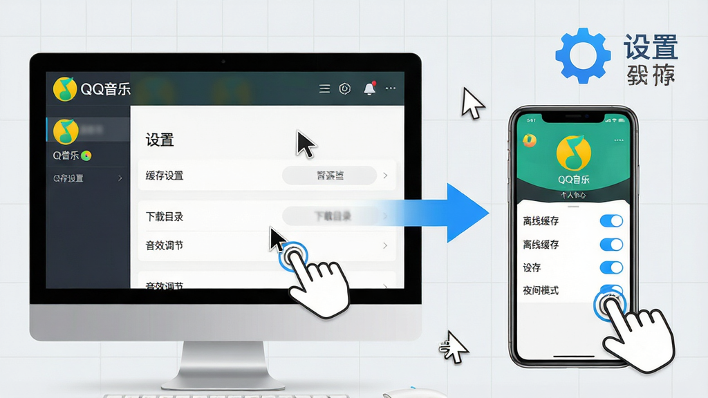 主体:电脑屏幕和手机屏幕并排放置,屏幕上显示QQ音乐界面,旁边有齿轮图标和“设置”字样,背景为简洁的桌面环境。布局:左屏为电脑端QQ音乐设置页面,右屏为手机端QQ音乐个人中心,中间用蓝色箭头连接,寓意同步。排版:设置页面包含“缓存设置”、“下载目录”、“音效调节”等选项,手机界面显示“离线缓存”、“夜间模式”等开关,文字清晰可见。风格:干净整洁的教程风格,色彩明亮,以浅灰色背景为主,蓝色点缀,体现专业感。细节:屏幕中有鼠标箭头和手指点击的示意图,强调操作步骤,背景有淡淡的网格线,画面干净无多余元素。画质:高清画质,细节清晰,色彩真实,适合教程配图。