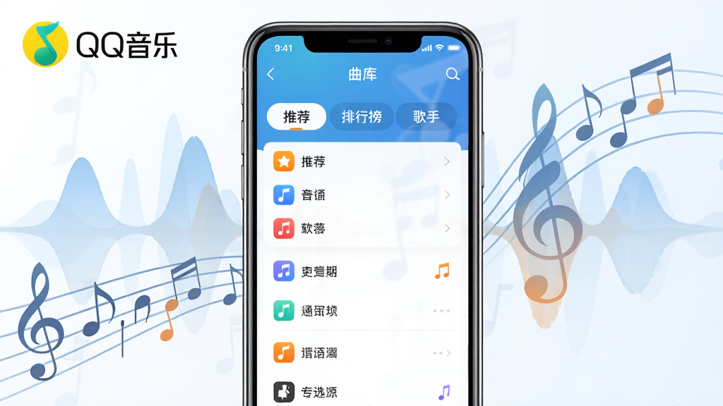 主体:QQ音乐APP界面在手机屏幕上展示,屏幕中显示“曲库”页面,分类列表包含“推荐”、“排行榜”、“歌手”等标签,背景为抽象的音乐波形图案。布局:手机屏幕竖立居中,屏幕内容占据主要视觉区域,周围用五线谱和音符作为装饰元素,左上角有“QQ音乐”logo。排版:界面中的文字清晰易读,列表项排列整齐,使用不同颜色的图标区分音乐类型,整体层次分明。风格:清新活泼,色彩以蓝白为主,点缀橙色高亮,体现音乐律动感。细节:手机边缘有细腻的高光,屏幕反射柔和光线,背景波形图案透明度适中,不干扰主视觉,画面干净无其他多余元素。画质:4K分辨率,细节丰富,色彩准确,观感舒适。