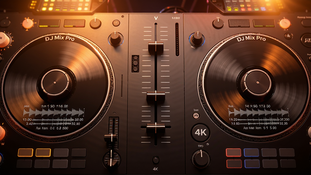 ���壺DJ Mix Pro˫������������д�����֣�����Բ�ε�Ƭ���ҶԳƣ��м�Ϊ�������ӣ�����ſ���̨�У�ůɫ�ƹ����䣬��Ƭ��ת��̬ģ����ϸ�ڣ���Ƭ��Ե�С�DJ Mix Pro��Ʒ�Ʊ�ʶ��������ʱ���������ɼ������ʣ�4K���壬�ɾ��޶���Ԫ��