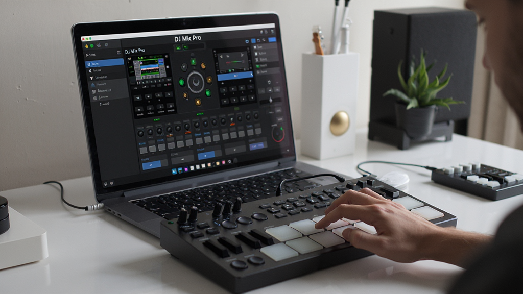 ���壺�û�����ʹ�ñʼǱ����Բ���DJ Mix Pro�����MIDI�����������֣�������Ļ��ʾ�������棬�������ڼ���ǰ���������ʵ�������������ͣ��������ࣻϸ�ڣ���Ļ�ɼ���DJ Mix Pro�����棬�û���ָ��ѹ����棻���ʣ����壬�ɾ��޶���Ԫ��