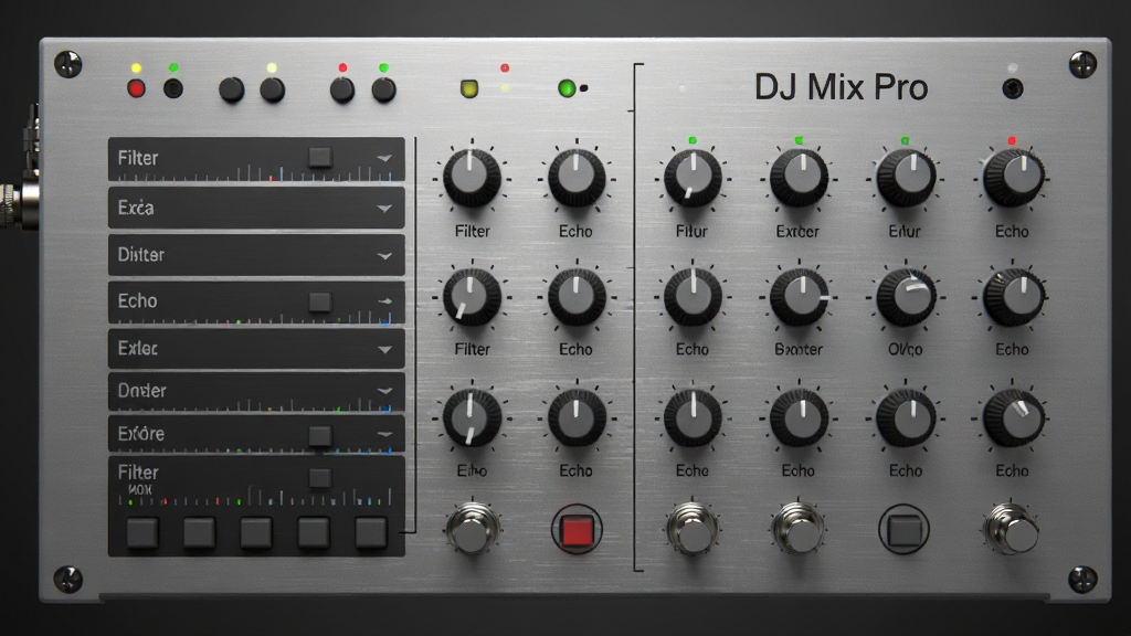 ���壺DJ Mix ProЧ������壬�����ť�밴ť�������룻���֣�Ч�����б�����࣬�������������Ҳࣻ��񣺼�Լ���䣬�����ʸ��������ɫָʾ�ƣ�ϸ�ڣ�Ч���������硰Filter������Echo��������ע�����汳��Ϊ��ҽ��䣻���ʣ�������Ⱦ���ɾ��޶���Ԫ��