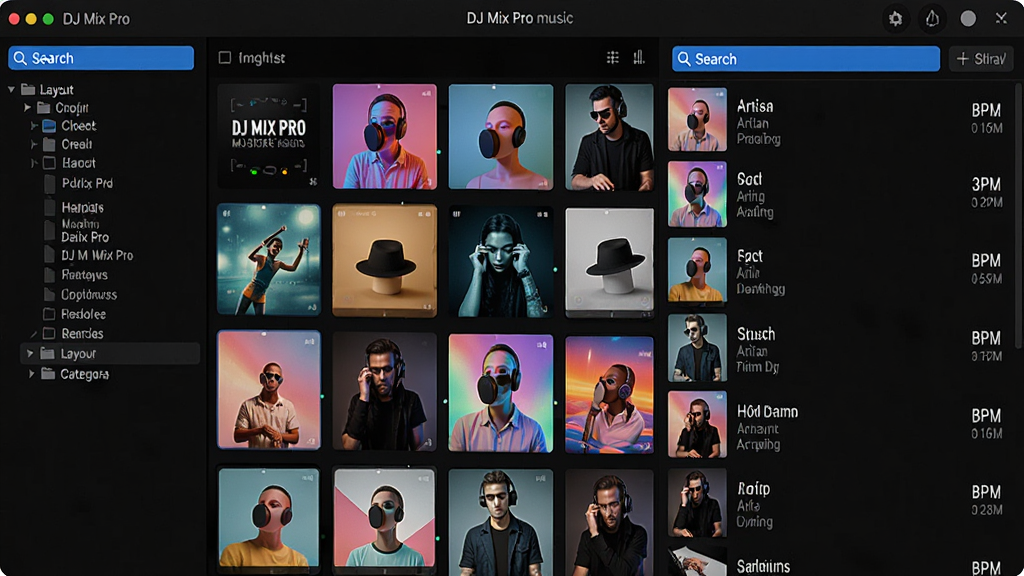 ���壺DJ Mix Pro���ֿ�������棬�����������б���ͼ�л������֣����Ϊ���������Ҳ�Ϊ��Ŀ�б�������������࣬����ɫ�ʷḻ�������ƽ����ƣ�ϸ�ڣ������������ʾ����Ŀ��Ϣ�������ˡ�ʱ����BPM�����ʣ����壬�ɾ��޶���Ԫ��