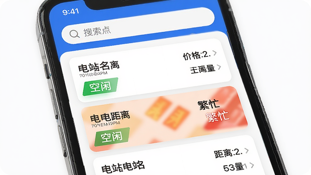 主体:汇充电APP的充电站列表页面。布局:手机屏幕截图展示,上方为搜索栏,下方为充电站列表。排版:列表清晰,每项显示电站名称、距离、价格及空闲数量。风格:界面简洁,信息明了。细节:列表中的电站卡片标注“空闲”、“繁忙”状态,颜色区分明显。画质:高清,干净,无多余元素。