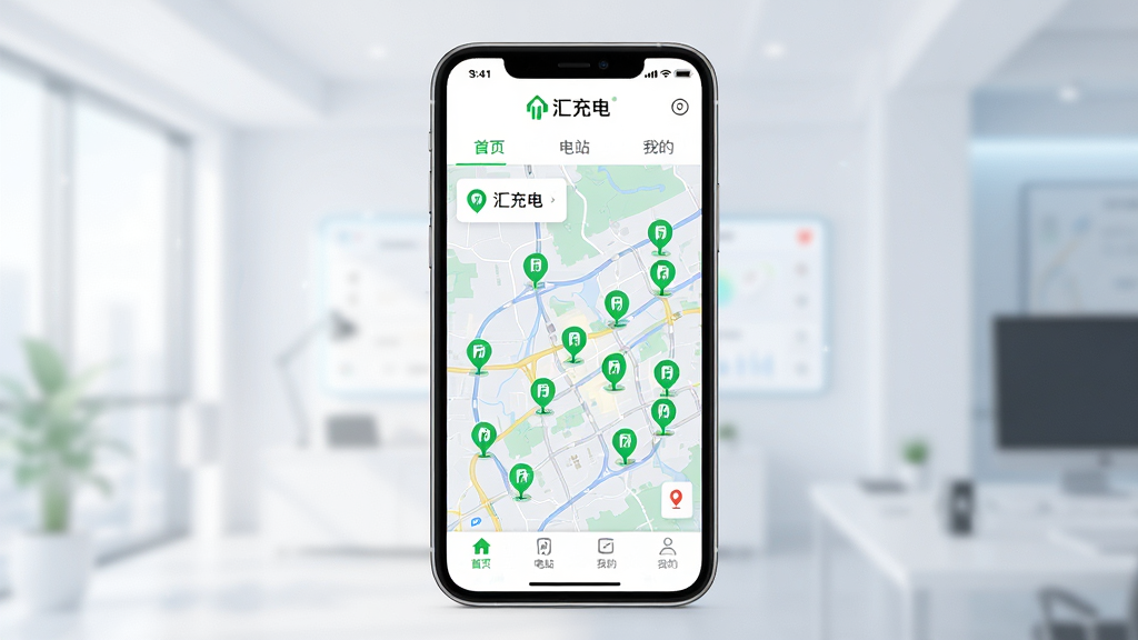 主体:汇充电APP界面展示,手机屏幕显示地图及充电站分布。布局:手机居中,界面清晰可见“汇充电”品牌标识及充电站绿色图标。排版:简洁大方,突出核心功能模块。风格:现代科技感,明亮色调。细节:界面包含“首页”、“电站”、“我的”等选项卡,地图上分布绿色充电点。画质:高清,干净,无多余元素。