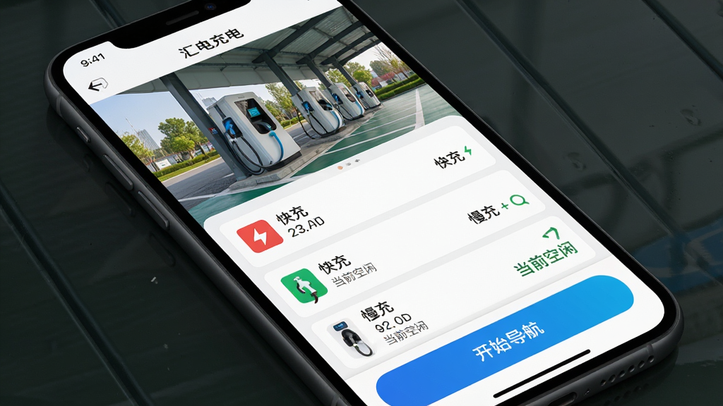主体:汇充电APP的电站详情页,底部有“开始导航”按钮。布局:手机屏幕展示,上方为电站实景照片,中部显示充电桩信息列表,下方为功能按钮。排版:信息层级分明,按钮醒目。风格:实景与UI结合,真实感强。细节:界面标注“快充”、“慢充”数量,以及“当前空闲”状态。画质:高清,干净,无多余元素。
