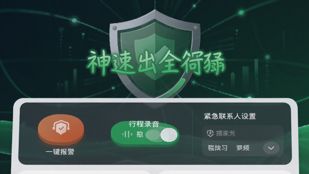 神速出行司机端app安全中心界面预览图,页面包含一键报警按钮、行程录音开关、紧急联系人设置等模块,背景为盾牌图标搭配绿色安全字样,风格清爽,UI图标精致,画质干净,无多余元素。