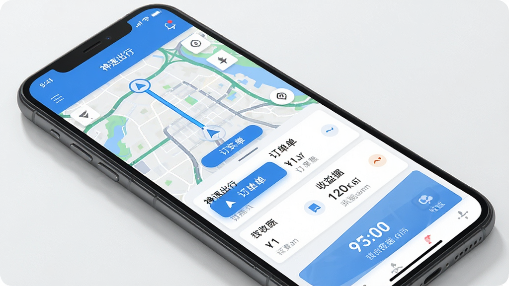 一张展示神速出行司机端app主界面的高清手机截图,界面包含地图导航、接单按钮、订单列表和收益数据面板,整体风格简洁现代,色调以蓝色和白色为主,布局清晰,UI设计专业,画质干净明亮,无多余元素。