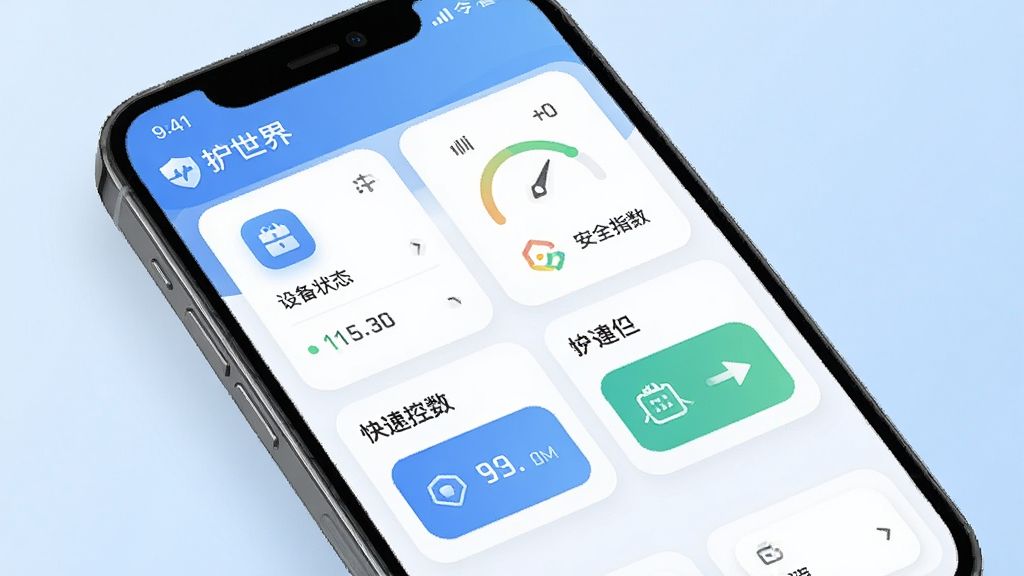 护世界应用主界面预览图,主体为手机屏幕展示的护世界管理面板,布局采用卡片式排列,包含设备状态、安全指数、快捷控制按钮;背景为浅蓝色渐变,风格简洁现代,细节展示圆润图标与清晰文字标注“护世界”;画质高清干净,无多余元素