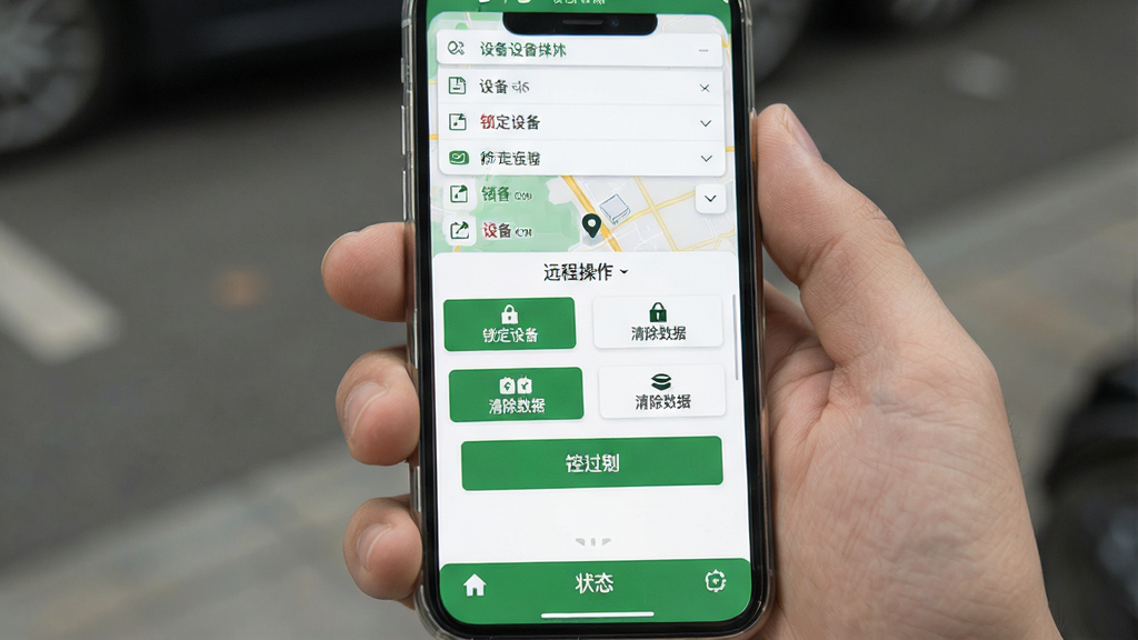 护世界远程管控操作界面展示,主体为手机屏幕显示地图定位与设备控制按钮;布局上方为设备列表,中间为远程操作选项,底部为状态栏;风格扁平化,绿色与白色为主色调,细节包含“锁定设备”“清除数据”等文字;画质干净清晰,无多余元素