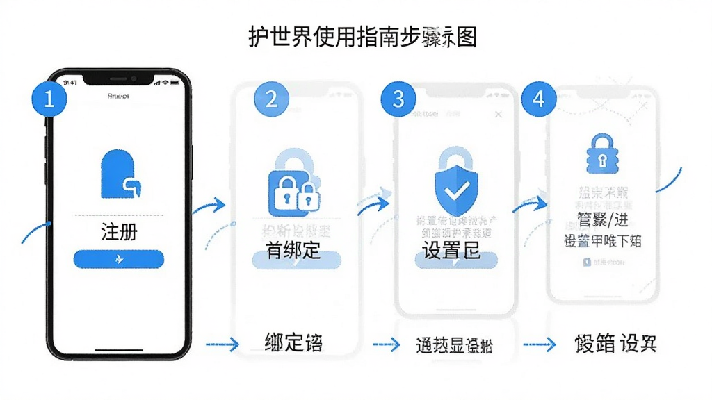 护世界使用指南步骤示意图,主体为手机操作界面分解图,展示注册、绑定、设置等流程;布局从左到右依次排列,每个步骤配有编号圆圈和简要文字;风格简洁明了,背景白色,图标为蓝色;画质干净清晰,无多余元素