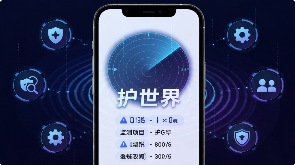 护世界实时安全监测功能示意图,主体为手机界面中雷达扫描动画,周围环绕安全状态图标;布局中央显示“护世界”品牌名,下方列出监测项目;风格科技感十足,蓝紫色调,细节包括动态波纹与数据刷新数字;画质清晰干净,无多余元素