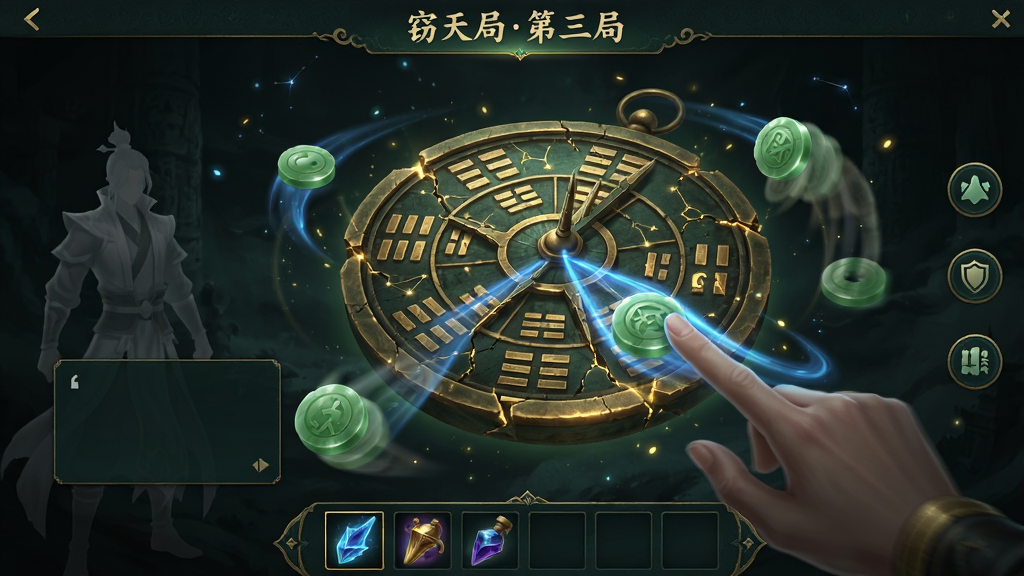 主体:游戏《缠重山3窃天局》中“窃天局”玩法界面,展现一个古朴的青铜罗盘悬浮在黑暗中,罗盘上刻有星辰与八卦符号,周围环绕着多枚发光的玉质棋子。布局:罗盘位于画面中央,手指正在拨动其中一枚棋子,棋子拖曳出蓝色光轨,左侧有半透明的角色剪影与对话框。排版:UI图标呈半环绕式布局,顶部显示“窃天局第三局”字样,底部为道具栏。风格:暗黑玄幻国风,主色调为墨绿与鎏金,粒子光效细腻。细节:罗盘表面有裂纹,透出微弱的金色光芒,棋子移动时带起残影。画质:高精度渲染,光影动态自然,纯净无多余UI元素。