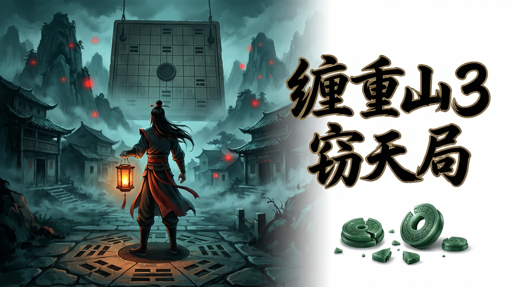 主体:游戏《缠重山3窃天局》的主视觉封面图,展现主角站在迷雾笼罩的古老山村前,身后是若隐若现的诡异山影与悬挂的巨型棋盘。布局:主角位于画面中央偏左,右侧留白用于放置游戏标题文字“缠重山3窃天局”,下方点缀破碎的玉质棋子。排版:居中构图,文字标题采用毛笔书法字体,位于画面右侧,配以暗金色描边。风格:国风水墨与现代厚涂结合,色调以暗青、墨黑、朱红为主,营造悬疑惊悚氛围。细节:主角手持一盏昏黄的灯笼,照亮脚下刻有八卦图案的石板路,远处山间有模糊的红色光点。画质:4K超高清,细节丰富,光影层次分明,干净无多余元素。