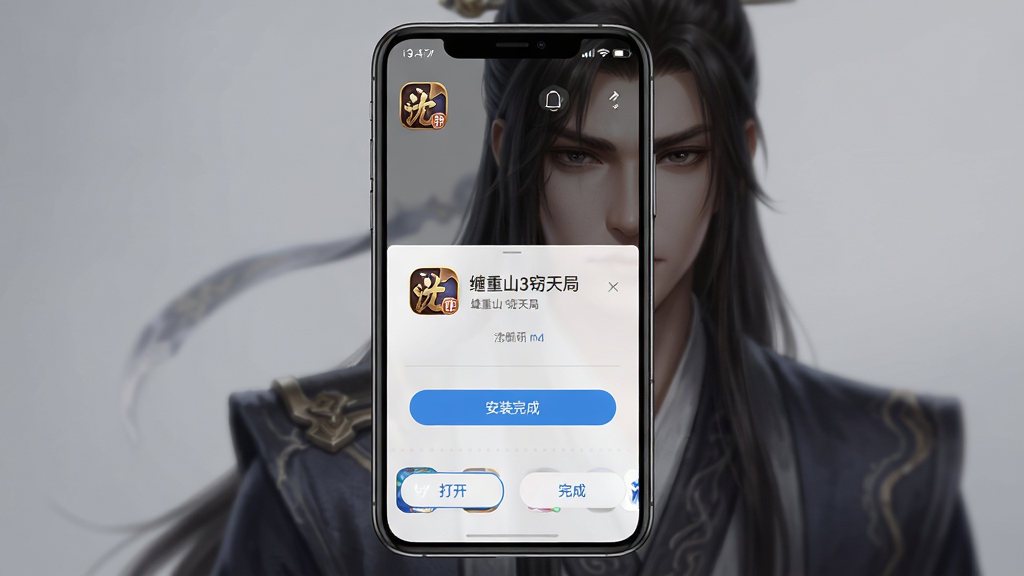 主体:手机屏幕上的《缠重山3窃天局》游戏安装界面截图,背景为游戏角色沈砚的特写,屏幕上显示“安装完成”按钮。布局:手机居中,屏幕内容清晰可见,周围环绕简洁的深色背景。排版:屏幕内UI布局简洁,下方有“打开”与“完成”按钮。风格:写实手机截图风格,光线柔和。细节:屏幕上方显示时间与电量,游戏图标已出现在桌面。画质:高清,干净无多余元素。