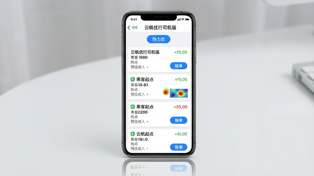 主体:一幅智能手机界面图,屏幕显示“云帆优行司机端”的订单列表页,列表中有多个订单卡片,每个卡片显示乘客起点、终点和预估收入,顶部有“热力图”按钮。布局:手机竖屏居中,背景为淡灰色桌面,手机下方有柔和的倒影。排版:列表清晰,卡片之间有间隔,重要信息用蓝色高亮。风格:写实风格,屏幕细节丰富,色彩自然。细节:订单卡片上有“接单”按钮,热力图区域用红黄蓝绿色块表示需求密度。画质:高清细腻,干净,无多余元素。