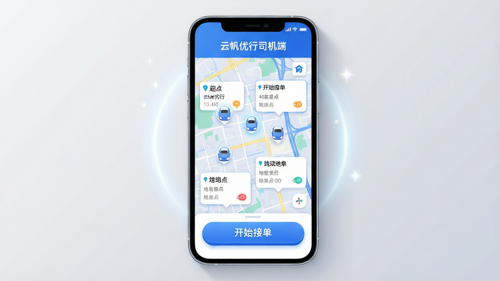 主体:手机屏幕展示“云帆优行司机端”APP主界面,界面顶部显示“云帆优行司机端”字样,中部有清晰的城市地图和几个热点订单标记,底部为蓝色“开始接单”大按钮。布局:手机居中,屏幕内容清晰可辨,周围有简洁的光效和轻微的阴影,背景为浅灰色渐变。排版:界面元素排列整齐,图标圆润,文字清晰。风格:现代扁平化设计,色彩以蓝色和白色为主,整体明亮通透。细节:地图上有小汽车图标,订单卡片显示起点和终点,按钮有立体感。画质:4K高清,干净,无多余元素。