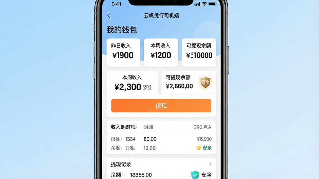 主体:手机截屏展示“云帆优行司机端”的“我的钱包”页面,页面显示“昨日收入”“本周收入”“可提现余额”等数字卡片,下方有“提现”按钮。布局:手机居中,屏幕内容为正视图,背景为渐变的浅蓝色。排版:数据卡片整齐排列,数字用大号粗体显示,按钮为橙色。风格:简洁商务风,色彩明快。细节:有收入明细列表和提现记录,余额数字旁有“安全”盾牌图标。画质:高清,干净,无多余元素。