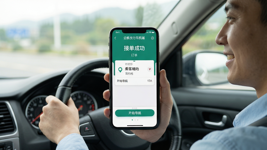 主体:一名司机手握手机,屏幕显示“云帆优行司机端”的接单成功界面,订单信息清晰可见,司机面带微笑。布局:司机在驾驶座,手机位于画面中央,背景为模糊的车窗风景。排版:手机屏幕内容为正视角度,订单卡片有“开始导航”按钮。风格:真实摄影风格,光线自然。细节:手机屏幕上显示“接单成功”字样和乘客目的地,方向盘和仪表盘部分可见。画质:高清,干净,无多余元素。