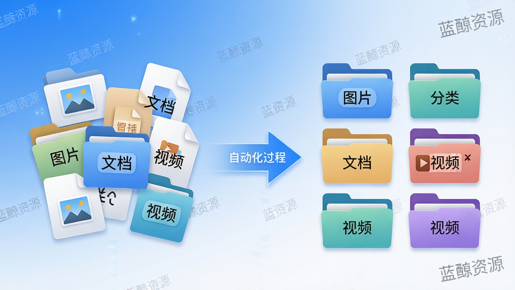 主体:蓝鲸资源APP智能分类功能示意图,画面左侧为未分类的杂乱文件图标,右侧为已分类的整齐文件夹。布局:左右对比构图,中间用箭头连接,显示自动化过程。排版:清晰流程展示。风格:简洁科技感,蓝白渐变背景。细节:文件夹上标注“图片”、“文档”、“视频”等中文标签,界面有“蓝鲸资源”水印。画质:高分辨率,干净,无多余元素。