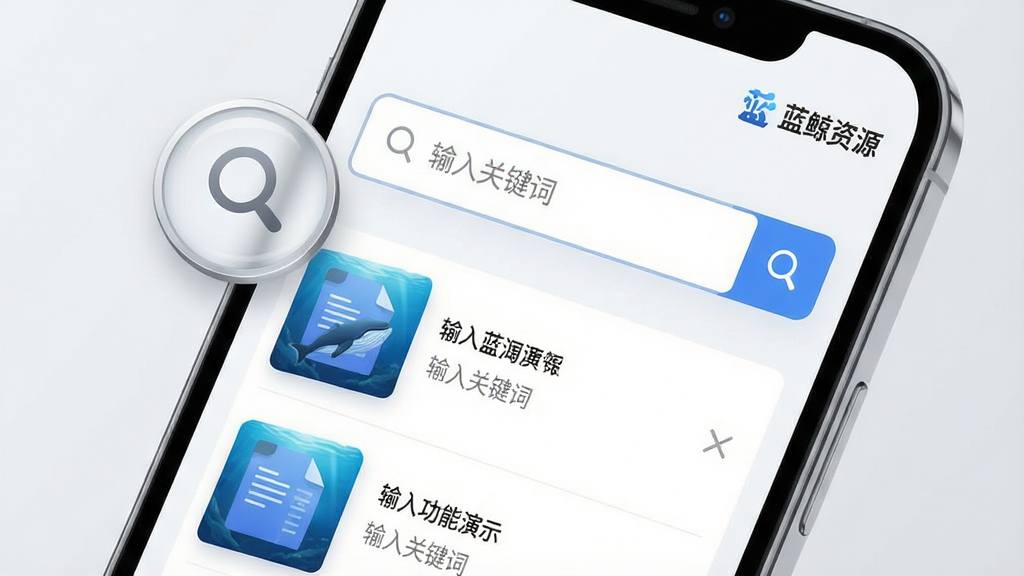 主体:蓝鲸资源APP搜索功能演示,手机屏幕上显示搜索框和搜索结果列表。布局:手机屏幕特写,放大镜图标悬浮在搜索框旁。排版:简洁界面,结果以列表形式排列。风格:明亮通透,背景为浅灰色,突出内容。细节:搜索框内有“输入关键词”字样,搜索结果包含文件缩略图和名称,右上角有“蓝鲸资源”LOGO。画质:细腻,干净,无多余元素。