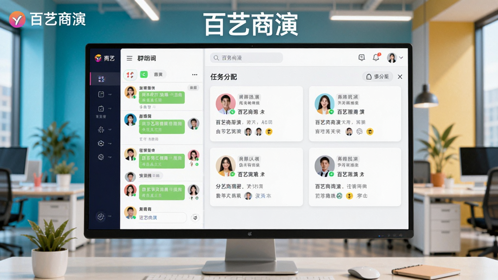 展示百艺商演团队协同界面,屏幕上有群组聊天列表和任务分配卡片,人物头像清晰,背景为现代办公场景,色彩明快,画质优秀,软件名称“百艺商演”出现在顶部