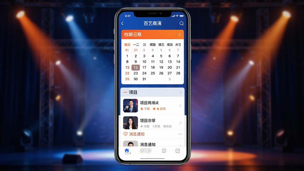 图片居中展示百艺商演App在手机上的主界面,界面包含档期日历、项目列表、消息通知三大模块,背景为舞台灯光效果,整体风格商务蓝搭配活力橙,画质干净清晰,无多余元素