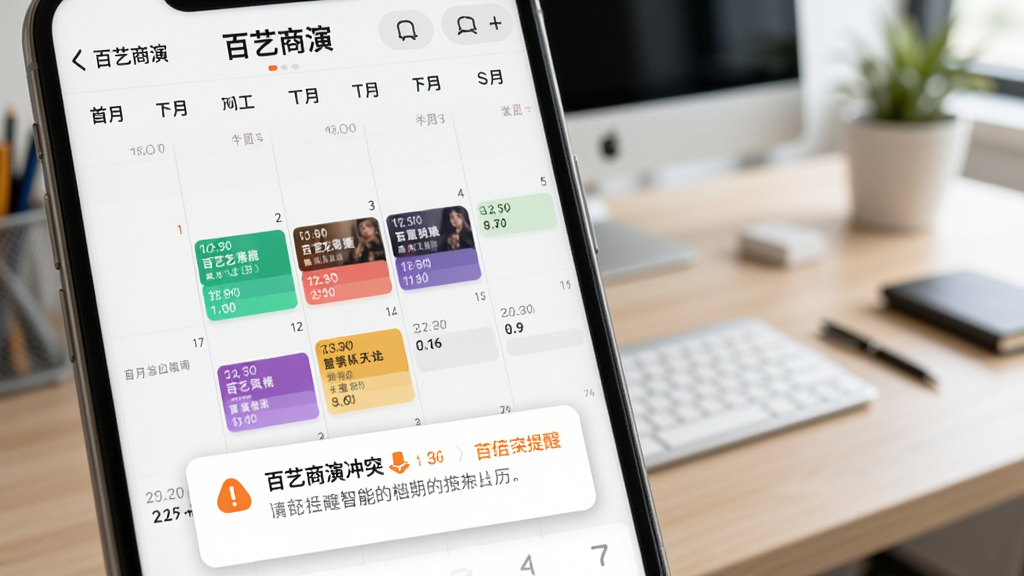 展示百艺商演智能档期日历特写,手机屏幕上有彩色时间块标注不同演出,日历下方有冲突提醒弹窗,背景虚化办公桌,整体明亮简洁,画质干净,文字清晰可见“百艺商演”