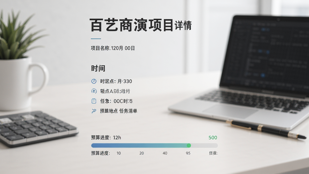 展示百艺商演项目详情页,页面从上到下依次显示项目名称、时间地点、任务清单、预算进度条,背景为简洁的商务办公桌面,整体色调柔和,画质高清,无多余元素