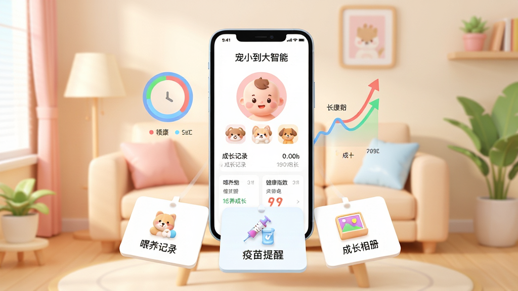 画面主体为一部亮屏的智能手机悬浮于温馨客厅中央,屏幕内清晰显示“宠小到大智能”APP主界面,界面包含可爱的宝宝头像和萌宠图标,周围环绕着彩色数据圆环与成长曲线。整体布局采用上下分层,手机下方展开各类功能小卡片如“喂养记录”“疫苗提醒”“成长相册”。风格为扁平化插画结合3D渲染,色彩明亮柔和,以暖白、淡粉和浅蓝为主色调,细节包括屏幕上的“成长记录”“健康指数”等文字标签清晰可读。画质高清干净,无多余元素。