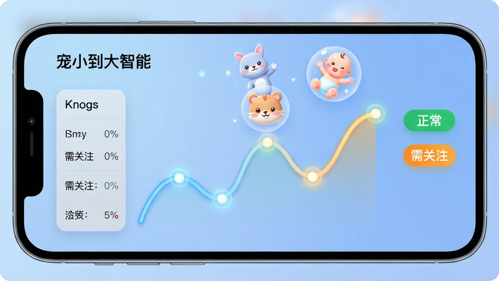 画面主体为手机横屏界面特写,屏幕内展示“宠小到大智能”的成长趋势折线图,图表线条圆润流畅,节点带有发光圆点,上方悬浮可爱动物与婴儿图标。左侧设置浅灰色数据面板,右侧显示“正常”“需关注”等状态标签。整体布局为左右分栏,风格为现代科技感与卡通结合,背景为柔和的渐变蓝色,图表文字清晰锐利。画质明亮干净,无多余元素。
