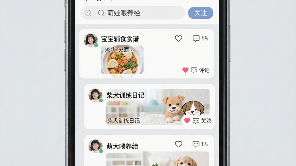 画面主体为手机APP社区页面截图样式,顶部搜索栏显示“萌娃喂养经”,下方信息流卡片包含“宝宝辅食食谱”“柴犬训练日记”等图文条目,卡片带有爱心和评论小图标。背景为浅灰色,布局为单列瀑布流风格,风格为清新杂志排版,细节有用户头像和“关注”按钮。画质干净清晰,无多余元素。