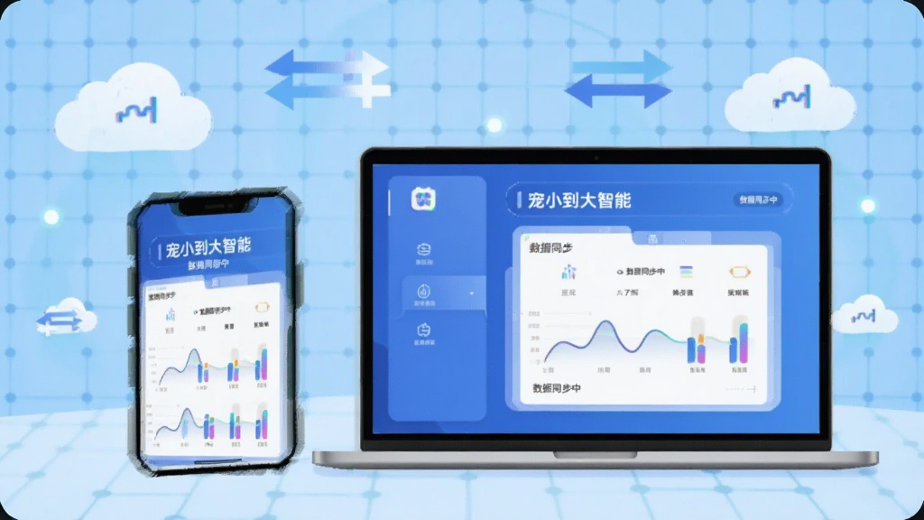画面主体为一部手机与一台笔记本电脑并排摆放,屏幕中同时显示“宠小到大智能”的同步数据界面,周围有云朵和双向箭头图标,背景为浅蓝色科技网格。布局为对称式,风格为扁平化科技风,细节有“数据同步中”字样。画质干净明亮,无多余元素。
