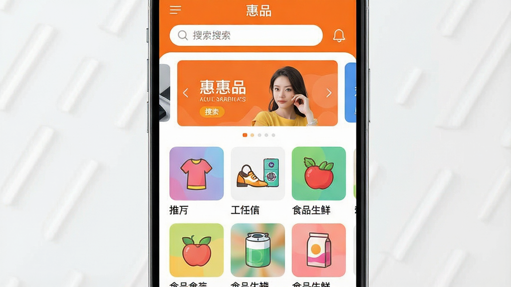 一张智能手机屏幕特写,屏幕正面展示名为“惠品”的购物应用主界面,界面布局上方是搜索栏与轮播横幅,中部为网格状商品推荐区,包含服饰鞋包、家用电器、食品生鲜等彩色图标。整体风格现代简约,以橙色为主色调,画面干净明亮,采用居中构图,高清渲染质感,突出应用商城的丰富与便捷,画质干净无多余元素。