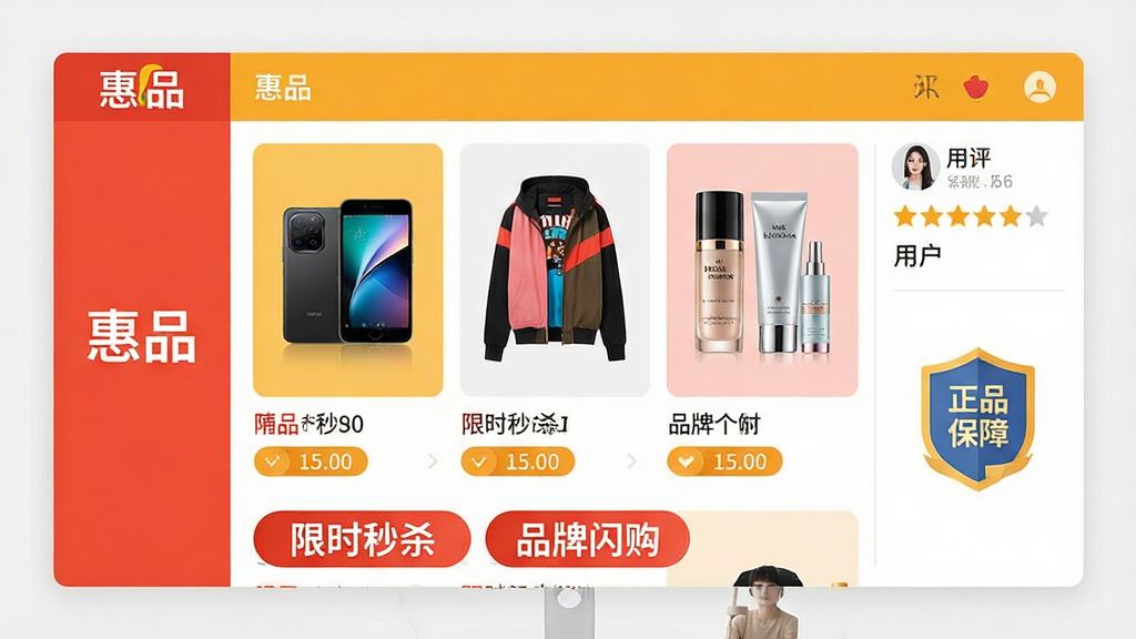 一张宽幅电商应用界面设计图,界面左侧是“惠品”品牌Logo,中部陈列着各类商品高清大图,包括数码产品、潮流服饰、美妆个护,下方配有“限时秒杀”与“品牌闪购”的活动标签。右侧展示用户评价星级与“正品保障”盾牌图标。布局平衡,采用扁平化设计风格,色彩鲜明,以暖色调为主,细节丰富,画质干净无多余元素。
