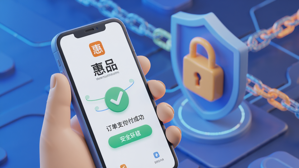 一张手机安全支付场景插画,前景是一只手拿着手机,屏幕显示“惠品”订单支付成功界面,带有绿色对勾。背景是抽象的数字化锁盾与加密链路图案,色调以蓝色和橙色为主,象征安全与效率。画面采用聚焦构图,光线柔和,3D渲染风格,细节表现到位,画质干净无多余元素。
