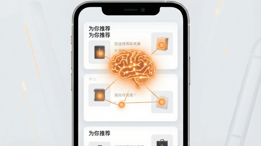 一张手机应用界面概念图,手机屏幕内部以瀑布流形式展示各类商品卡片,卡片左上角标注“为你推荐”。背景为淡灰色,中间悬浮一个发光的橙色大脑神经网络图标,连接至各个商品节点。整体风格偏科技感,采用浅色背景搭配暖色点缀,构图清晰,突出智能算法与个性化推荐的核心理念,画质干净无多余元素。